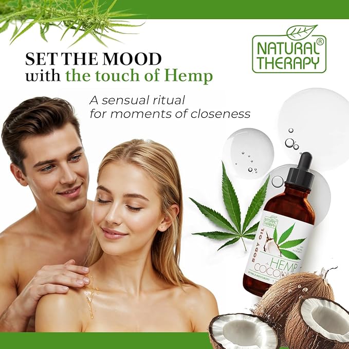 Natural Therapy Sensual Massage Oil for Date Night – Scented Body Oil for Couples with Hemp & Coconut (4 Fl.Oz)