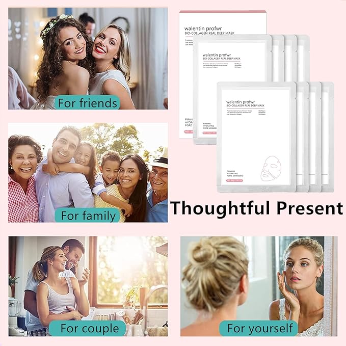 Collagen Mask Deep Hydrating Bio-Collagen Mask Overnight Collagen Sheet Masks Elasticity lmprovement Lifting Real Collagen Essence Hydrating Moisturizing Pore Minimizing Facial Mask Sheets 8 Packs