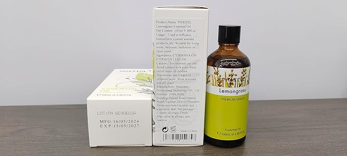 100ML Lemongrass Essential Oil, 3.38FL.OZ Essential Oils for Diffuser, Humidifier, Relax, Aromatherapy, Lemongrass Oil Scented Oils for Soap, Candle Making