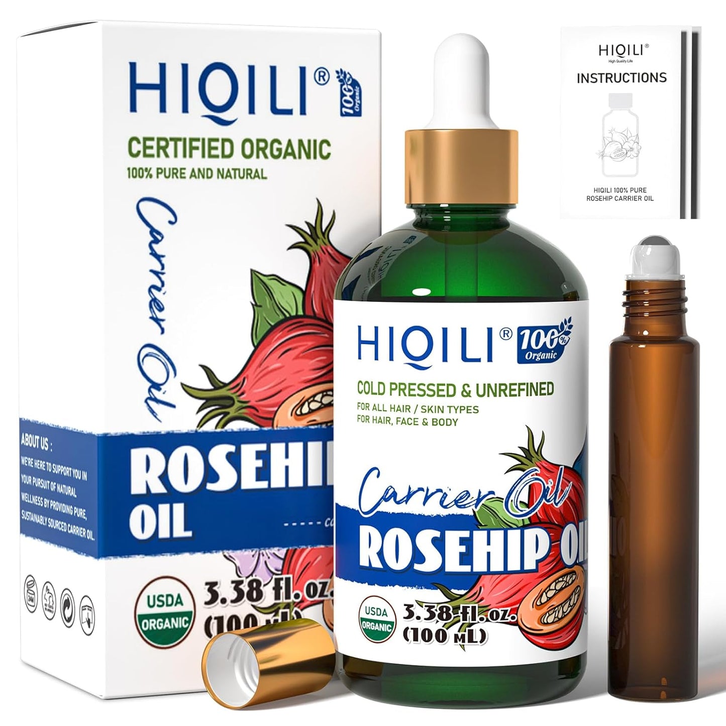 HIQILI 3.38 Fl Oz Organic Rosehip Seed Oil for Face, 100% Pure and Natural, Cold Pressed, Carrier Oil for Skin, Hair & Nails - Women & Men