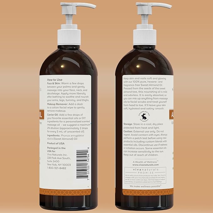 Sweet Almond Oil for Skin - Body Oil, Hair Moisturizer and Relaxing Massage and Oil, Carrier Oil for Essential Oils Mixing, Non-Greasy Pure Sweet Almond Oil for Hair and Skin, 16 fl oz