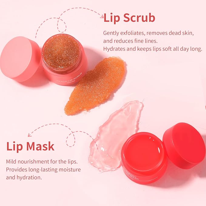 Peach Lip Scrub for Women Dry, Cracked and Dark Lips – Lip Scrubber Exfoliator and Organic Lip Scrubs Exfoliator and Moisturizer with Lip Brush – Vegan, Cruelty-Free Lip Care Products