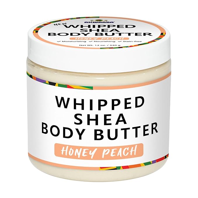 AKWAABA New Whipped Shea Body Butter (Honey Peach) - Moisturizes, Glows & Softens Skin | Natural Raw Shea Butter | For Dry Skin | 12 oz / 340 g