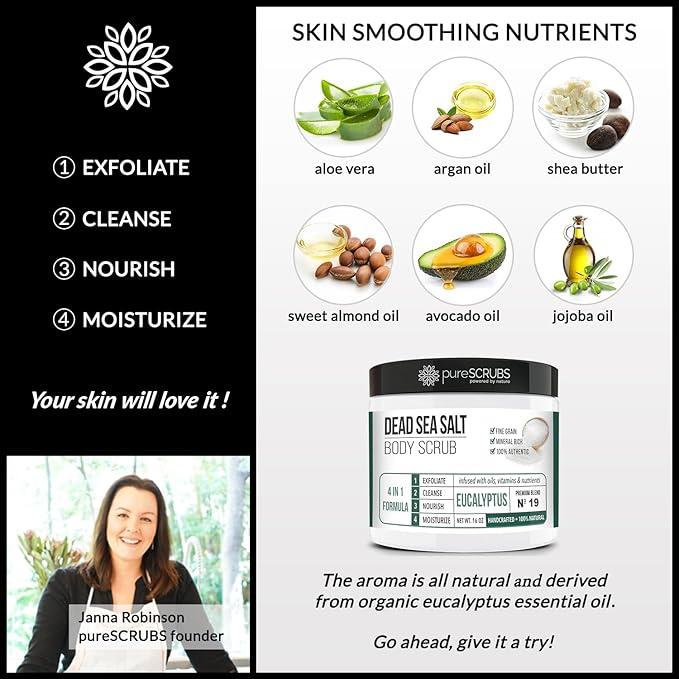 pureSCRUBS Premium Eucalyptus Body Scrub Set - Large 16oz Dead Sea Salt Body Scrub With Infused Essential Oils & Nutrients, Includes Wooden Spoon, Loofah & Oatmeal Exfoliating Bar Soap