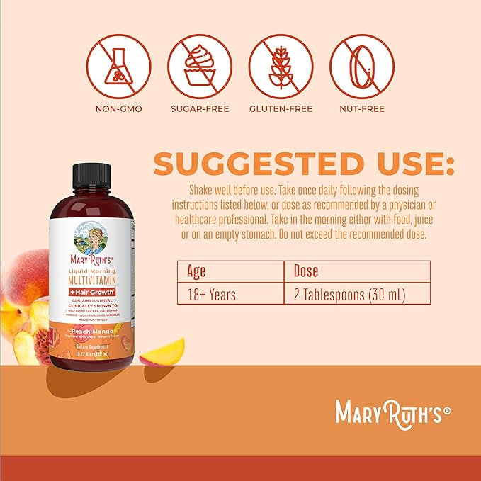 MaryRuth's Liquid Multivitamin + Hair Growth | Biotin 10000mcg | Lustriva Hair Growth Supplement | Clinically Tested in Women for Thicker Hair & Facial Wrinkle | Skin Care | Ages 18+ | 15.22 Fl Oz