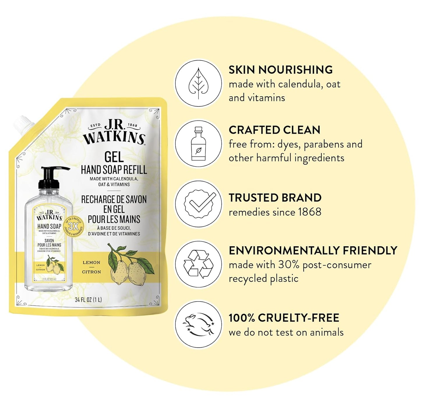J.R. Watkins Gel Hand Soap Refill, Moisturizing Hand Wash, Formulated with Plant-Based Cleansers, Alcohol-Free, Cruelty-Free, Lemon, 34 Fl Oz, 2 Pack