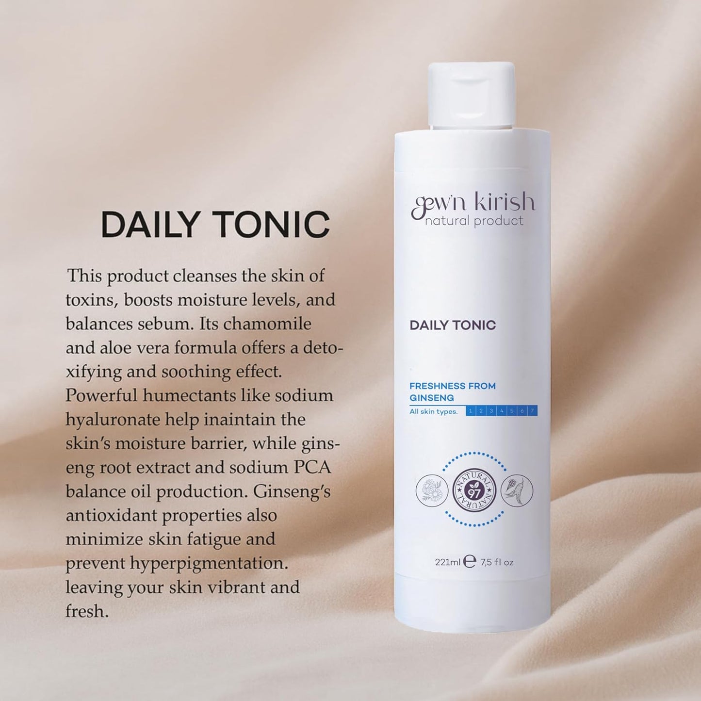 Gew’n Kirish Daily Tonic – Purifying & Hydrating Face Toner with Ginseng, Balances Sebum & Revives Skin, Suitable for Oily, Dry & Sensitive Skin, 7.5 fl oz