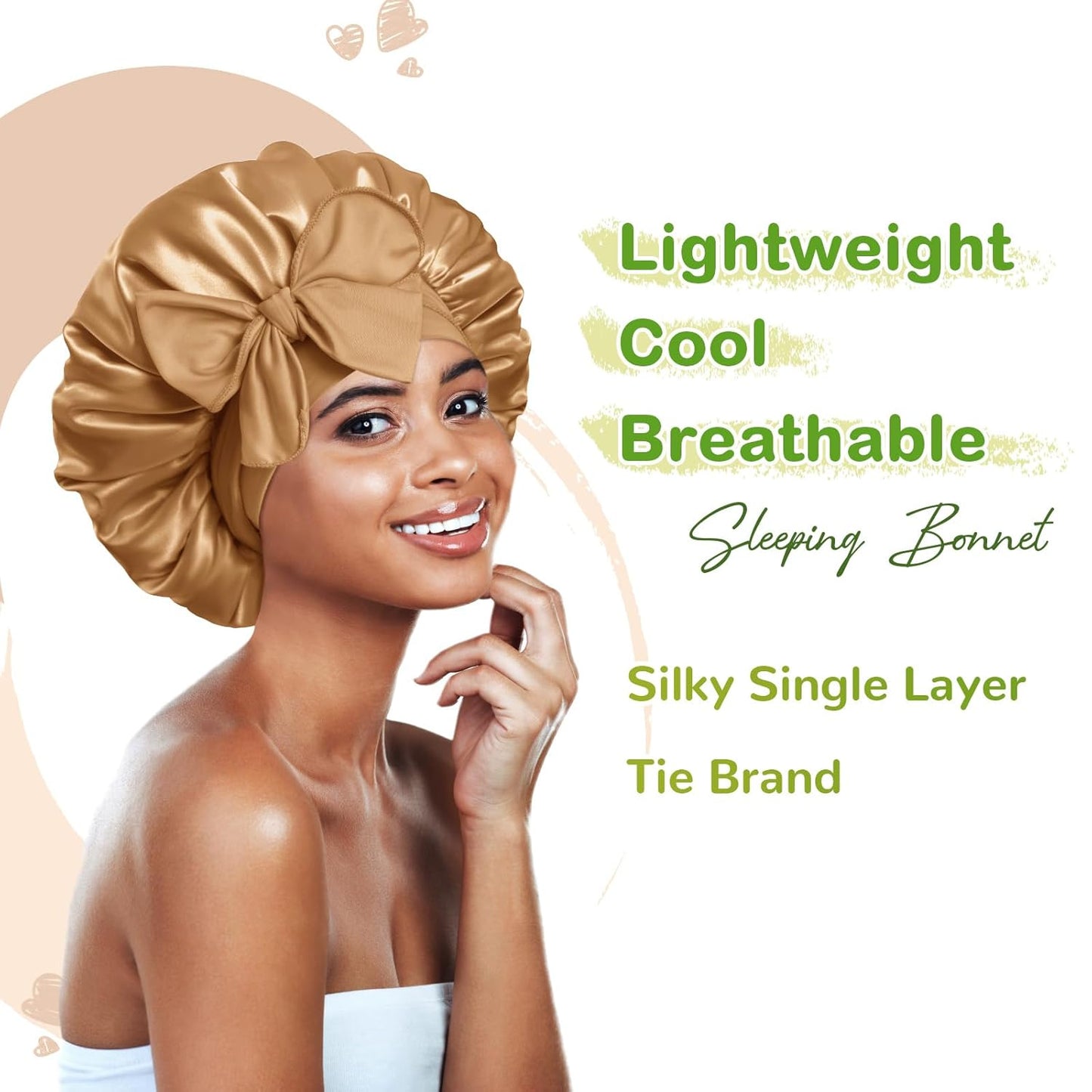BONNET QUEEN Silk Bonnet for Sleeping Women Satin Bonnet Night Sleep Cap Wrap for Curly Hair with Adjustable Tie Band,Gold