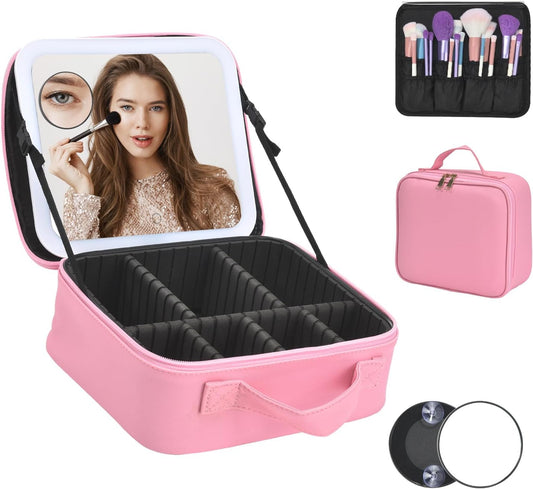 Travel Makeup Bag With LED Mirror,Cosmetic Train Case with 3 Color Setting,Cosmetic Makeup Organizer Bag with Adjustable Dividers,Portable Make up Box with Make up Brushes Holder Storage（Pink）