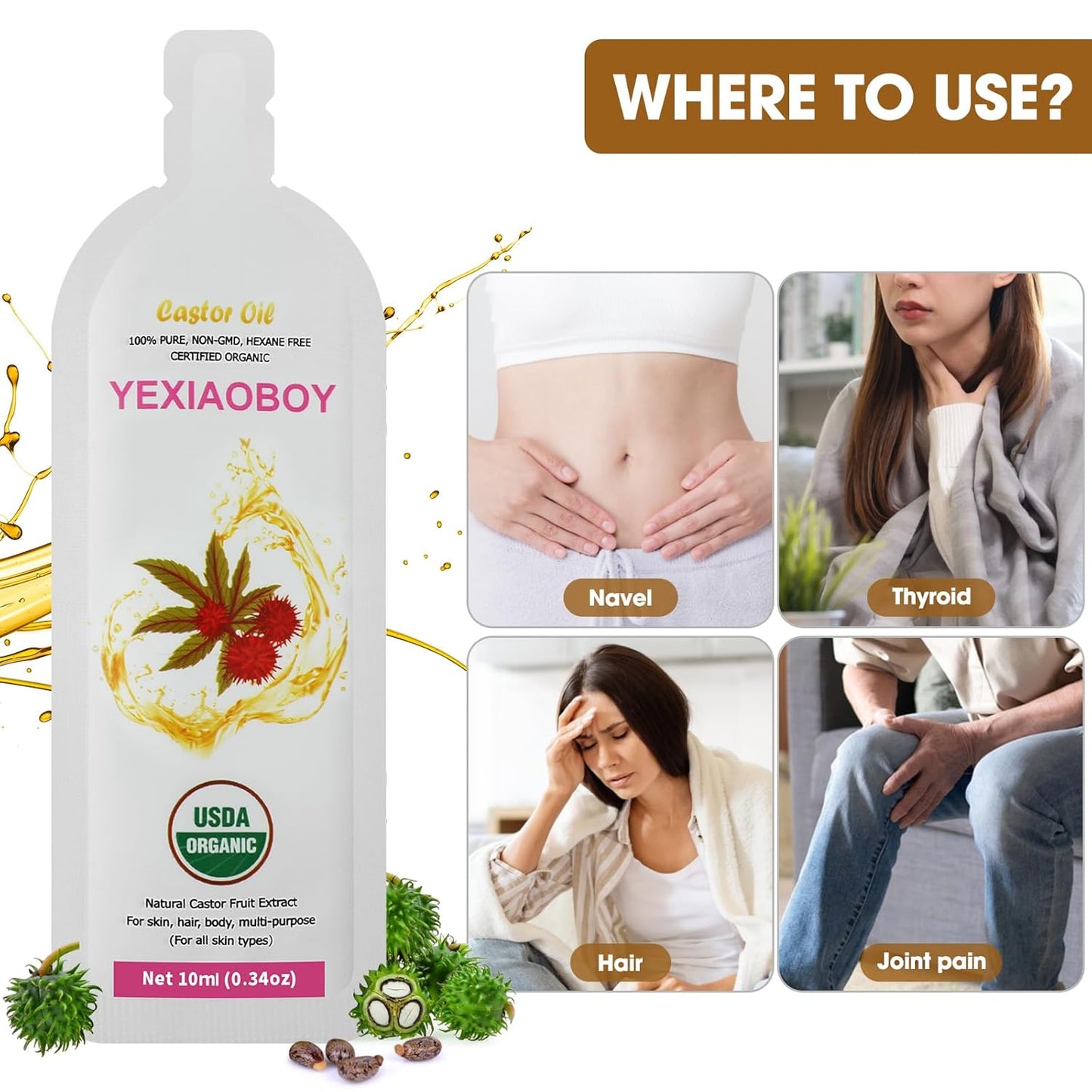 USDA Certified Organic Golden Castor Oil (4Oz), Pure Cold-Pressed Hexane Free Organic Castor Oil Unrefined for Face, Hair Treatment Starter, Skin Moisturizer, Suitable for Women Men Kids