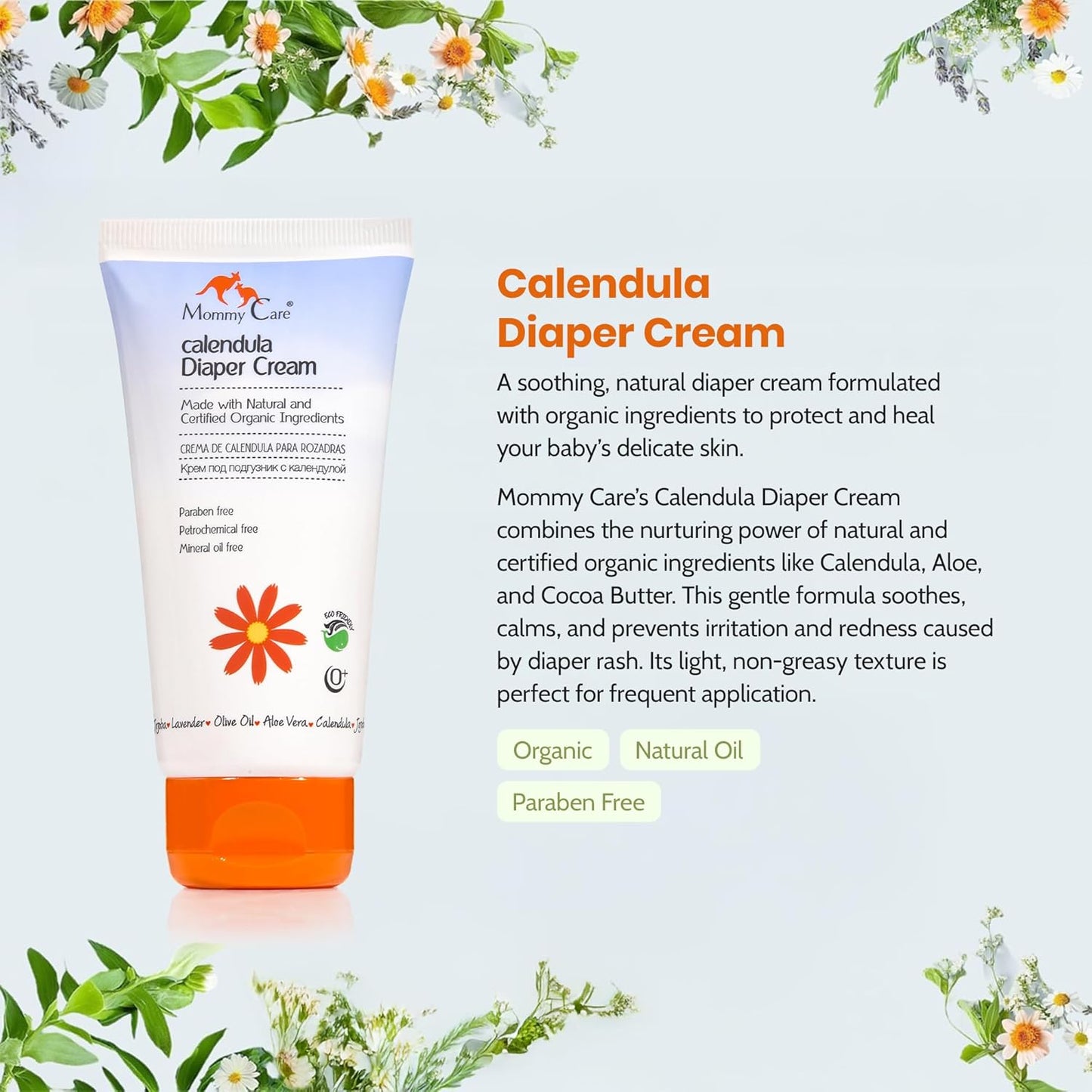 Mommy Care Organic Baby Diaper Rash Cream – Natural Calendula Diaper Cream, Gentle & Soothing Barrier Paste for Newborns, Infants & Toddlers, Prevents & Relieves Rash, 80ml / 2.7 fl oz