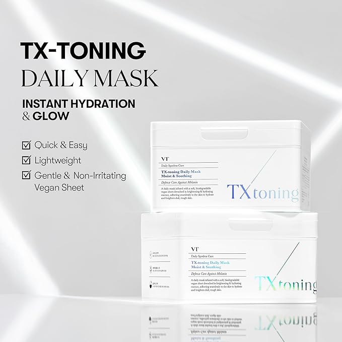 VT COSMETICS TX Toning Daily Mask 30 Sheets, Tranexamic Acid, Niacinamide, Glutathione for Acne Scars, Dark Spots, Hydrating & Glowing Facial Mask, Fragrance-Free, Korean Face Mask