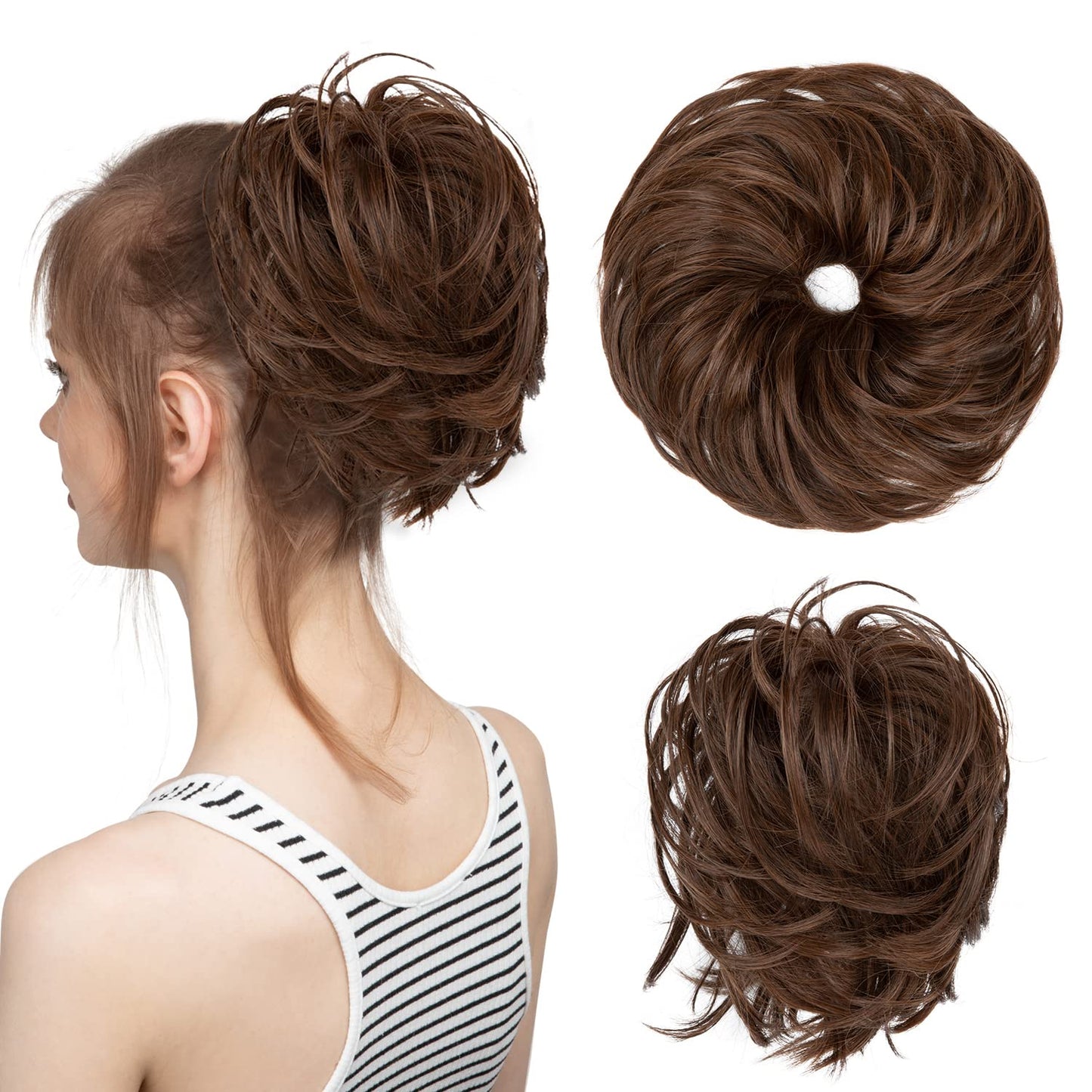 CJL HAIR Large Messy Bun Hair Piece Wavy Curly Scrunchies Synthetic Chignon Ponytail Hair Extensions Thick Updo Hairpieces for Women Light Brown