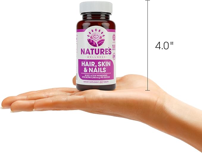 Natures Wellness Hair, Skin & Nails Essential Nourishing Supplement, 60-Count | 4000mcg Biotin + Vitamins A, C and E, B Complex Vitamins, and Advanced Nutrients per Capsule | 100% All-Natural