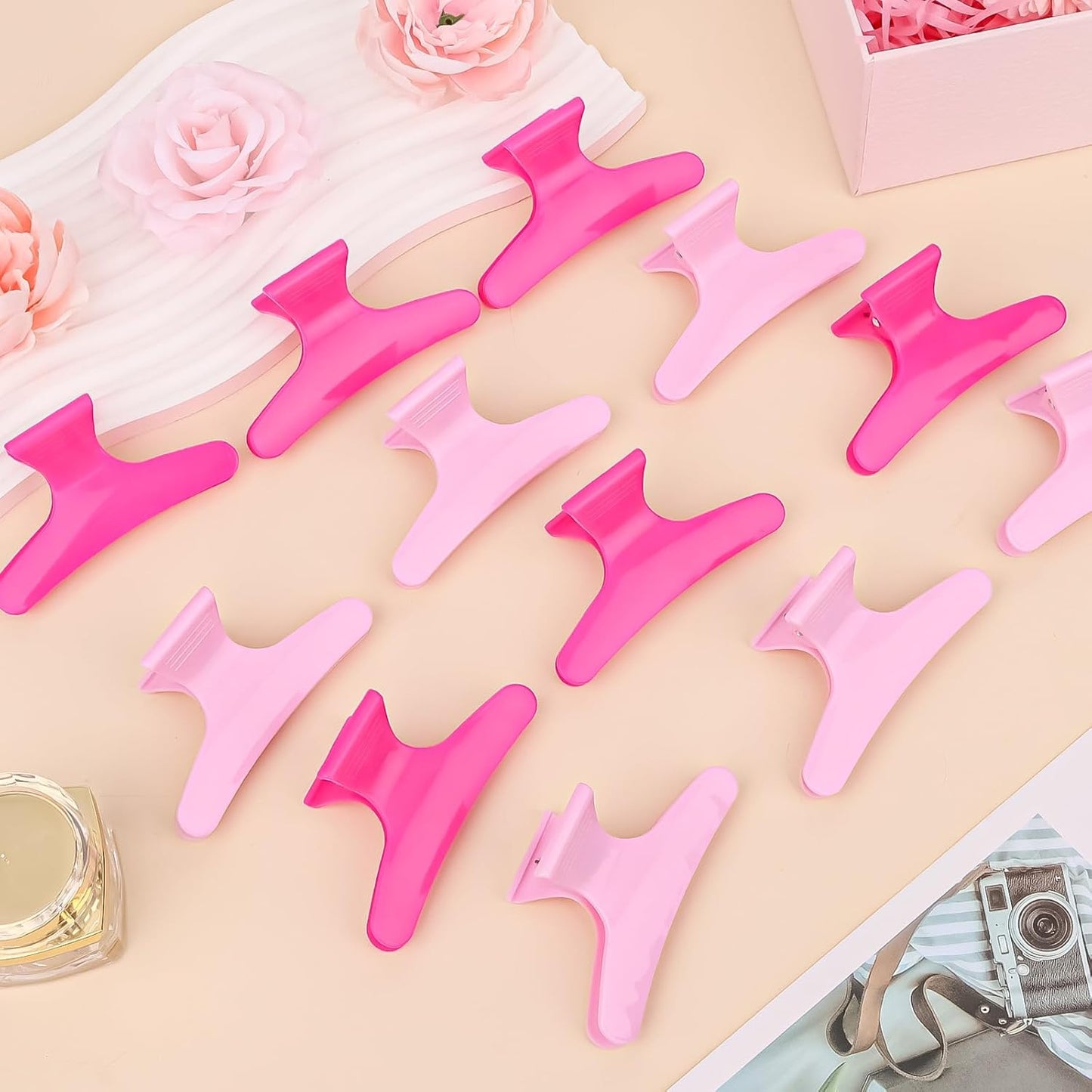 Hair Clips for Styling Sectioning 12 Pack Pink Hot Pink Butterfly Clamps Hair Claw Clips Pro Salon Hair Clips for Styling, Sectioning, Cutting and Coloring