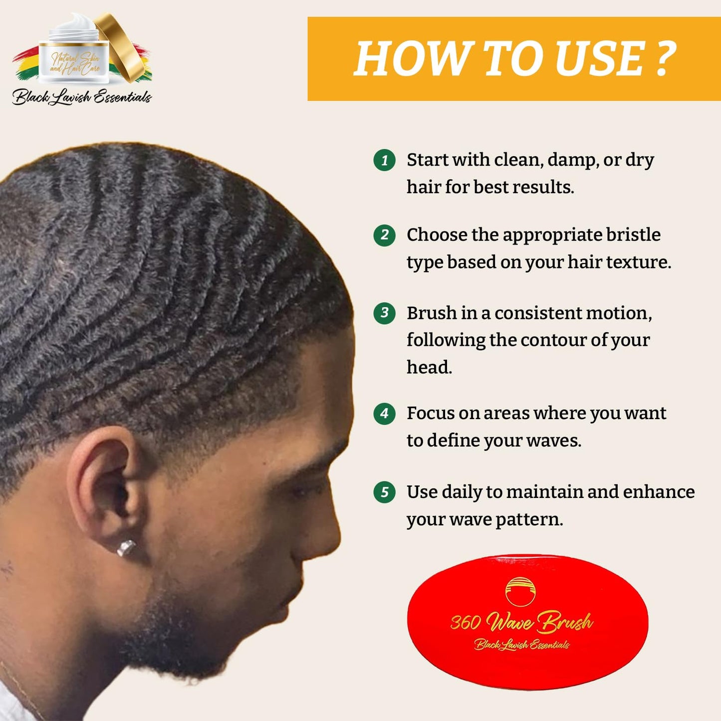 360 Wave Brush, Build Deeper Waves, Soft & Hard Boar Bristle Curved Brushes BLACK LAVISH ESSENTIALS (Medium-Hard, Red)