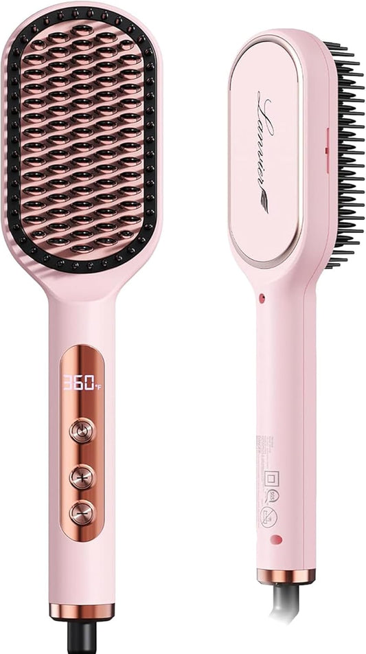 LANVIER Hair Straightener Brush, Ionic Straightening Brush with Infrared, Heated Straightening Comb with Negative Ions, Dense Bristles, 32 Temps, Dual Voltage, Flat Iron Comb for All Hair Type