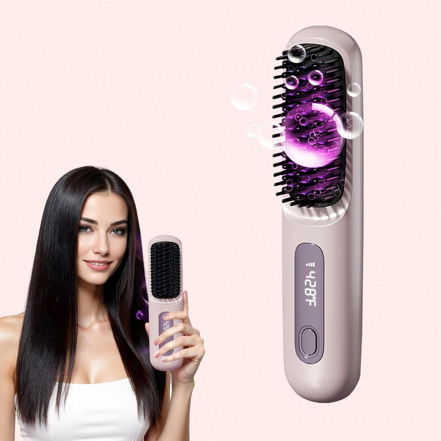 New gobrush pro 2025, Cordless Hair Straightener Brush- 4 Temp & Auto-Shutoff, 3200mAh USB-C,20S Fast Heat Up,199 Million Negative Ions,Compact & Travel-Friendly with LED Display, Purple