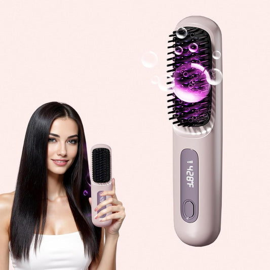 New gobrush pro 2025, Cordless Hair Straightener Brush- 4 Temp & Auto-Shutoff, 3200mAh USB-C,20S Fast Heat Up,199 Million Negative Ions,Compact & Travel-Friendly with LED Display, Purple