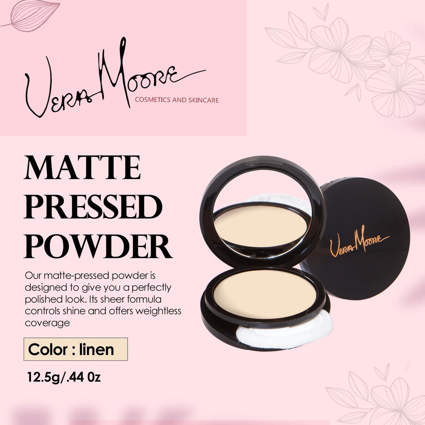 Vera Moore Matte Pressed Powder, Makeup Setting Compact Powder, Face Powder for Full Coverage with Flawless Finish, Shine, Matte Finish for All Skin Types (Linen, 12.5g)