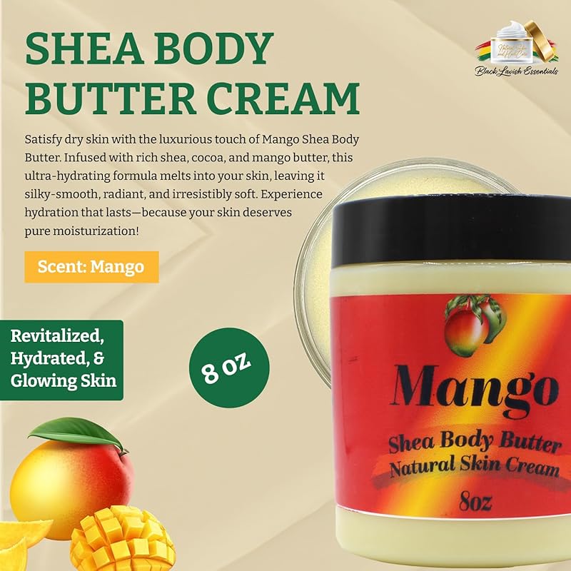 Ultra-Soft Shea Body Butter, Dry Skin Cream for Radiant Moisturized Skin, Natural Hydrating Body Lotion with Aloe Vera, Argan Oil, Rosehip Oil, (Mango, 8oz)