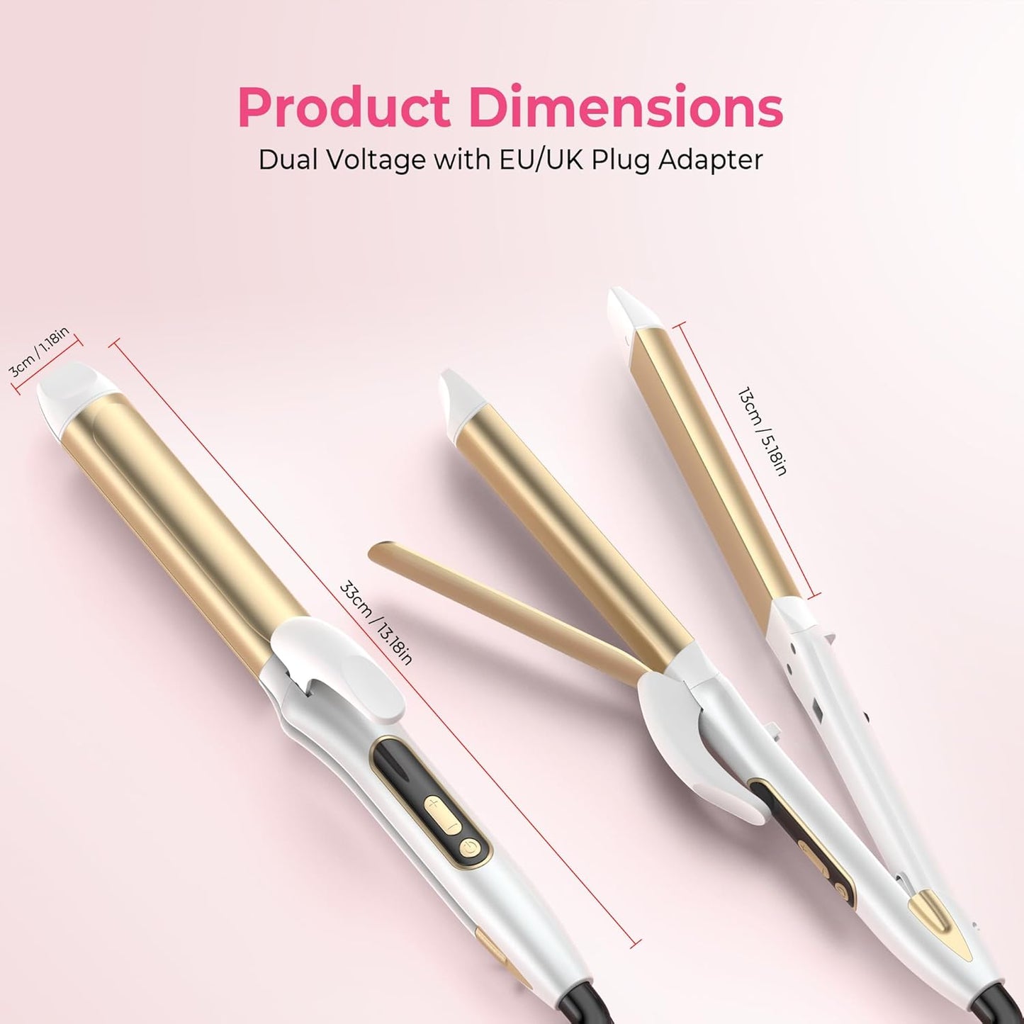 Dual Voltage Curling Iron Travel 2 in 1 Curl and Straightener (110V-240V) 1.25 Inch Normal Size Hair Curle Ceramic with EU/UK Plug Adapter Curling Wand Adjustable Temperature and Anti-Tangle