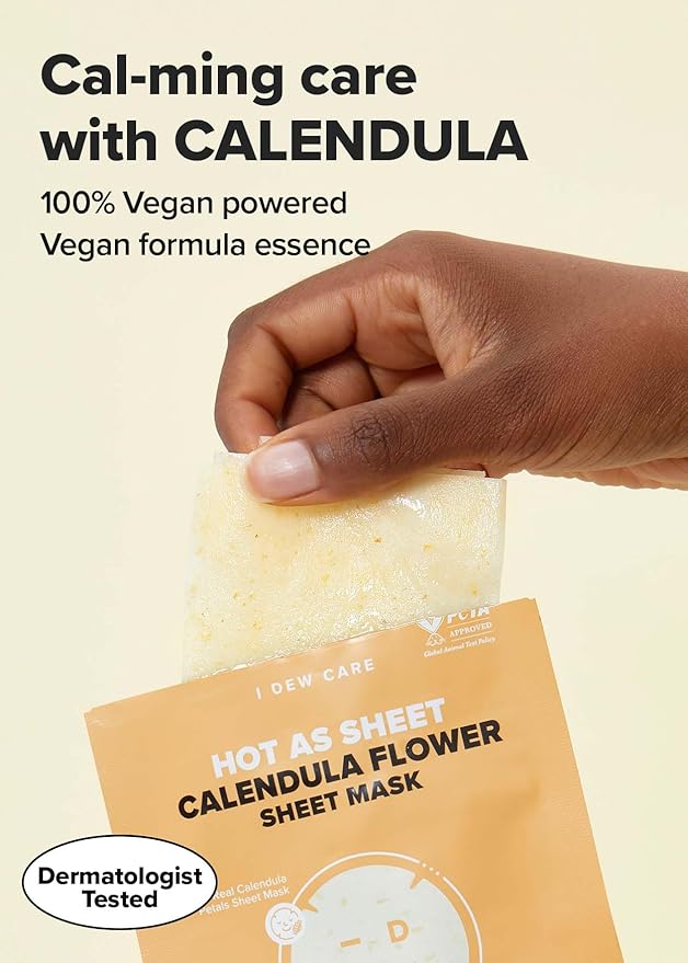 I DEW CARE Real Herb Calendula Sheet Face Mask - Hot As Sheet | Korean Face Masks Skincare, Moisturizing and Calming for Dry Skin with Calendula Flower Extract, 2% Niacinamide, 10EA