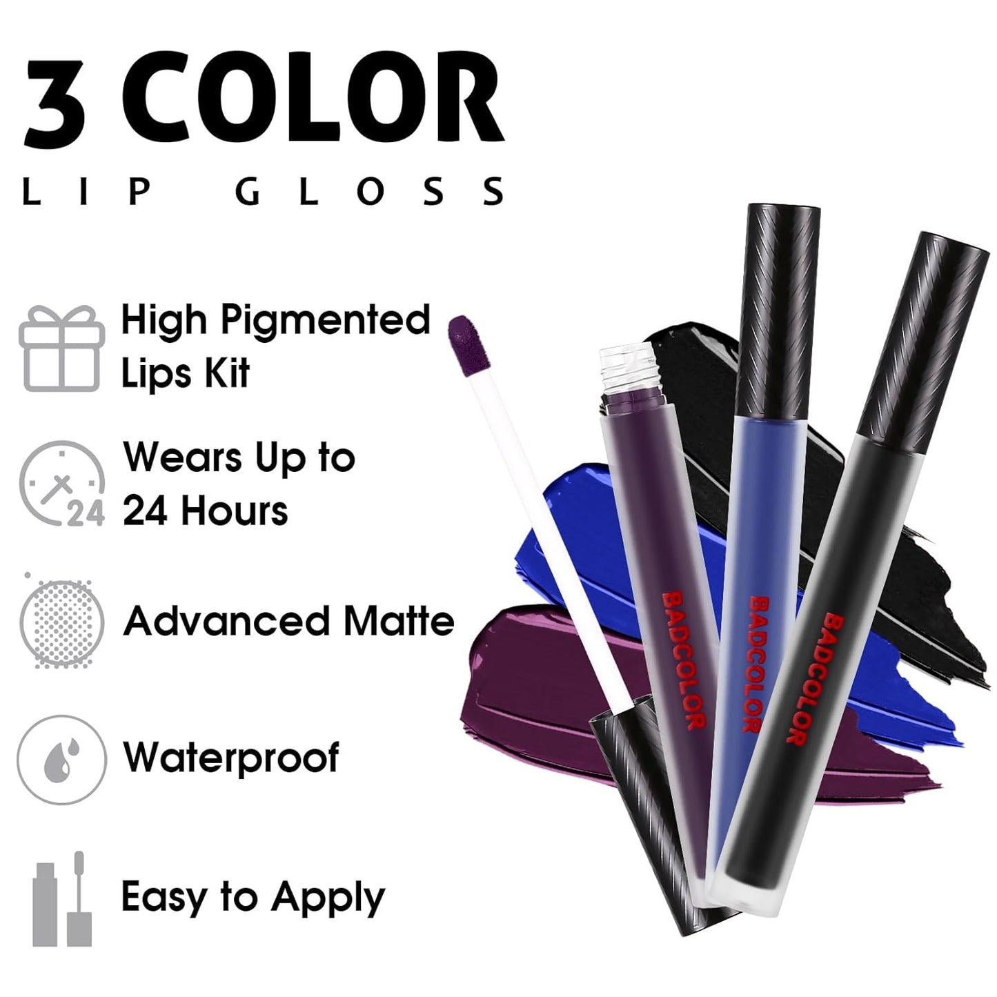 BADCOLOR 3 Colors Matte Liquid Lipstick Set, Black Blue Purple Halloween Makeup, High Impact Long Lasting Lip Stain Velvet Nonstick Cup Smudge Proof & Waterproof Lip Gloss Set