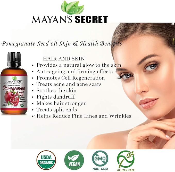 Mayan's Secret Pure Carrier and Essential oils for Skin Care, Hair, Body Moisturizer for Face-Anti Aging Skin Care (Pomegranate Seed Oil (Not Organic), 4oz)