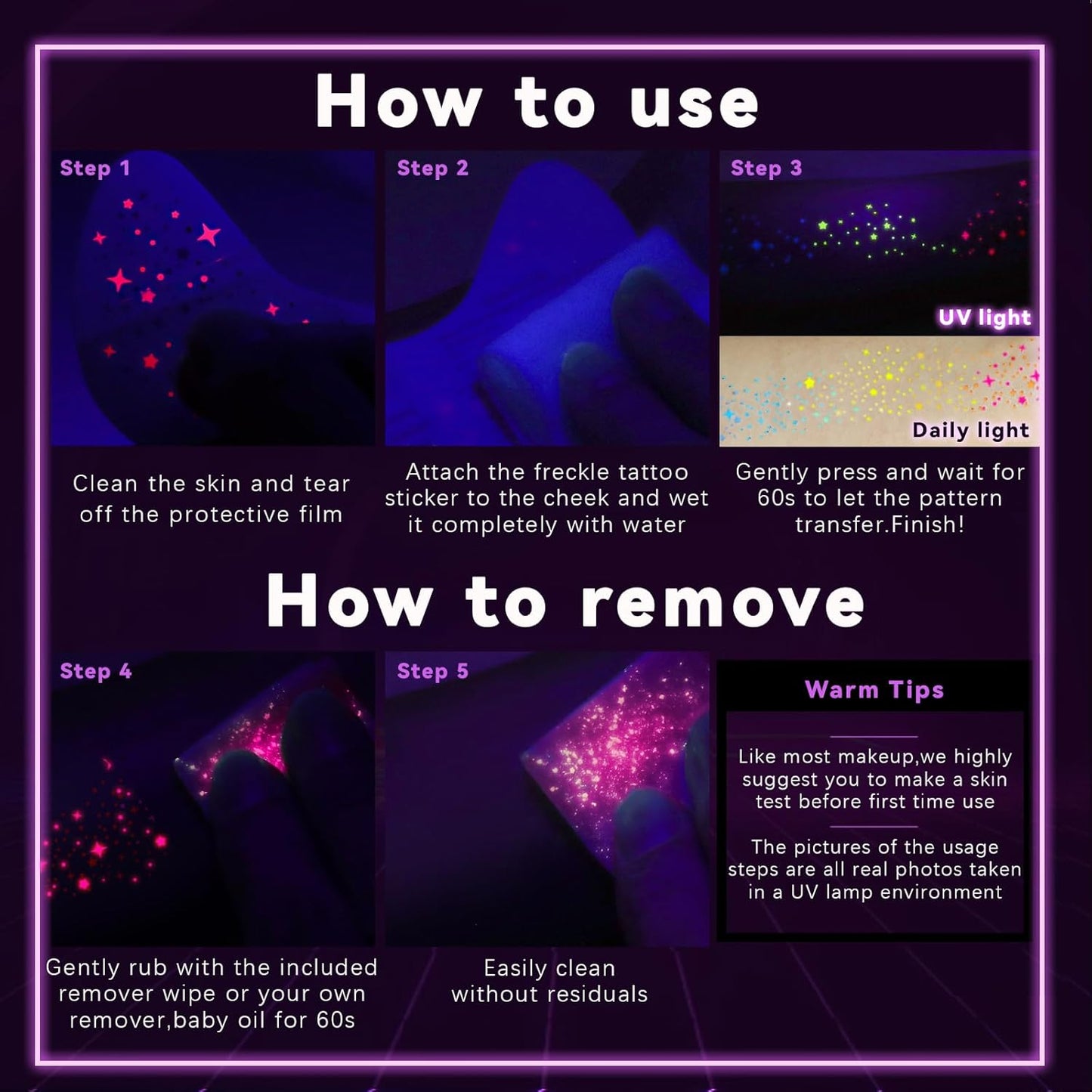 Noerrors 6pcs Rainbow Freckles Face Tattoo Sticker Glow under UV Light Blacklight in the Dark, Neon Fluorescent Glitter Colorful Star Fake Faux Freckle Temporary Patches Makeup for Party Supplies #02