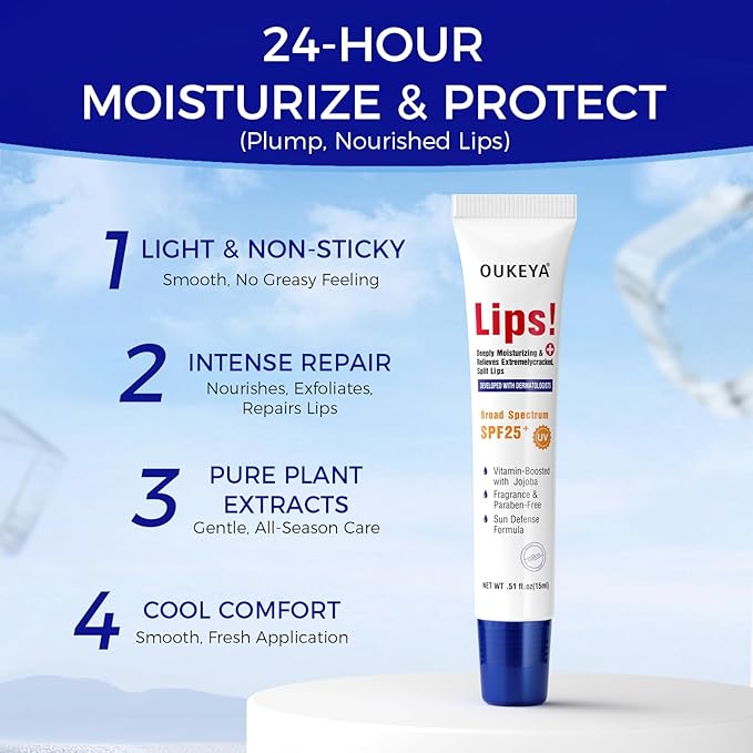 Medicated Lip Balm w/Organic & 100% Natural Ingredients, Squeeze Tube Lip Butter SPF 25+ Long-Lasting Moisturizing Overnight Lip Mask Gentle Exfoliation Extreme Dry Lips Treatment