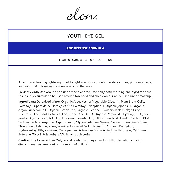 Elon Youth Under Eye Gel – Hyaluronic Acid Gel w/MSM, Plant Stem Cells - Anti Aging to Fight Dark Circles– Under Eye Puffiness Reducer– For All Skin Types, No Fragrance or Parabens (1oz/30ml)