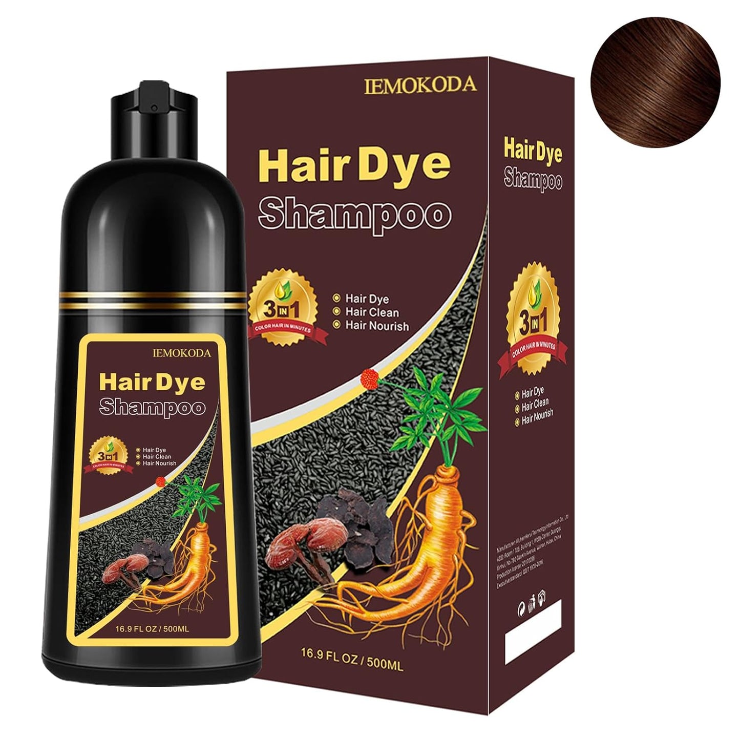 Brown Hair Dye Shampoo 3 in 1, Instant Natural Hair Color Shampoo 100% Gray Hair Coverage Champu Para Canas Mujer Dark Coffee, Lasting 3-4 Weeks & Easy to Use & All Hair Types & Root Touch Up, 500ml