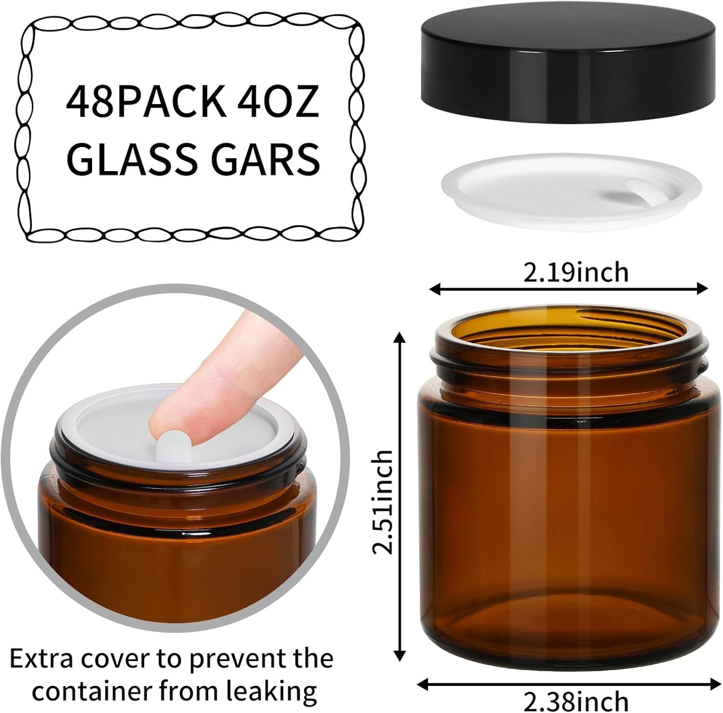 KEYWING 4oz Amber Glass Jars with Black Lids, 48 Pack Empty Cosmetic Containers Small Glass Jars with Inner Liners for Creams, Lotions, Ointments and Powders