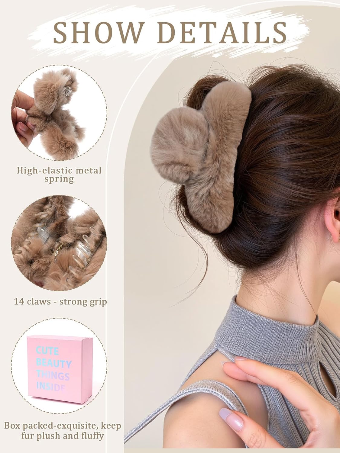 ACECHA 2 Pack Large Fluffy Fuzzy Hair Claw Clips for Women, 5.9" Winter Fur Furry Hairclips, Soft Plush Aesthetic Hair Accessories for Christmas Halloween New Year Party (Coffee & Off-white)