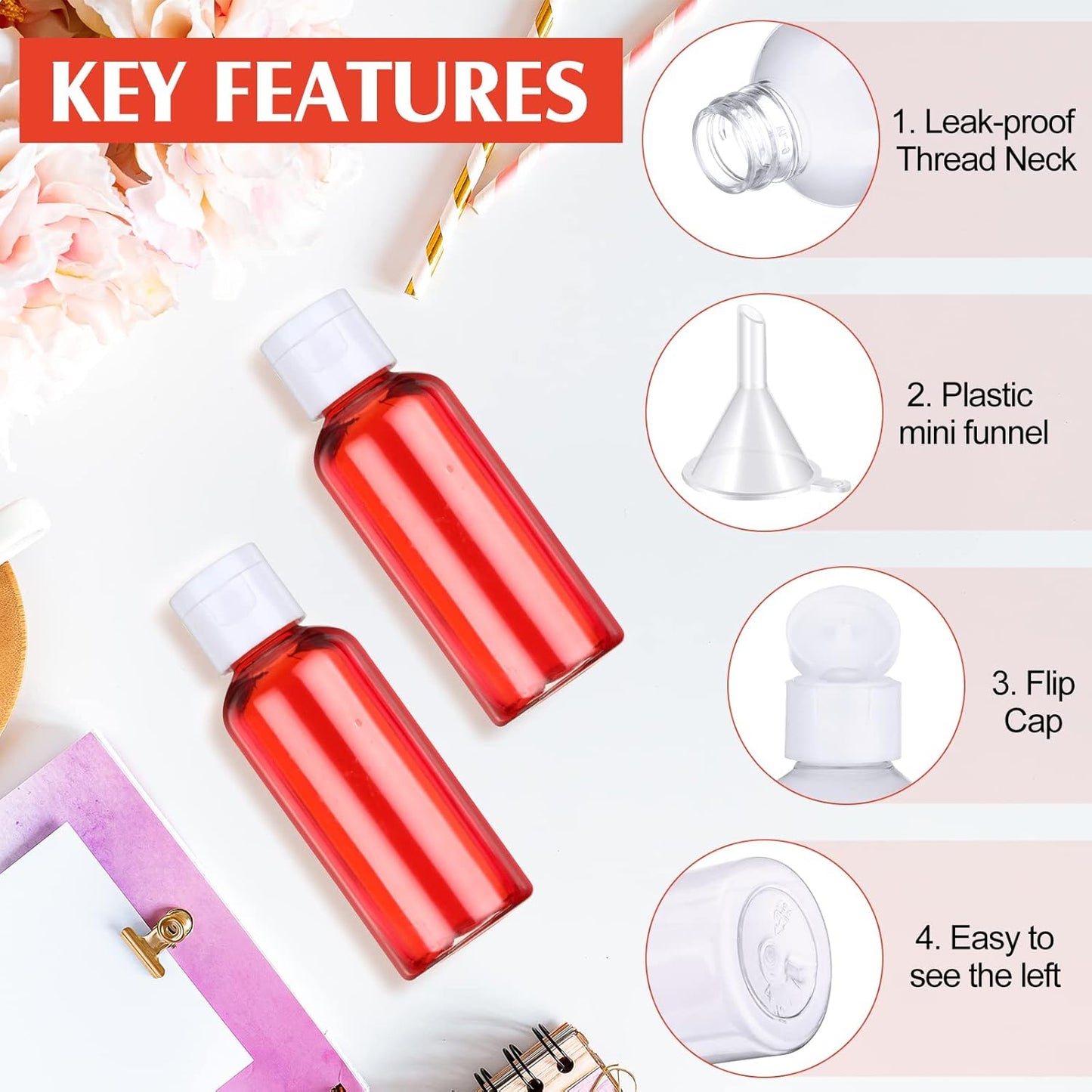 Eccliy 100 Pack 2 oz Travel Bottles Plastic Bottles with Lids Refillable Travel Size Cover Cap Plastic Liquid container for Toiletries Lotions Shampoo Creams Dispensing with 5 Funnels(Clear)