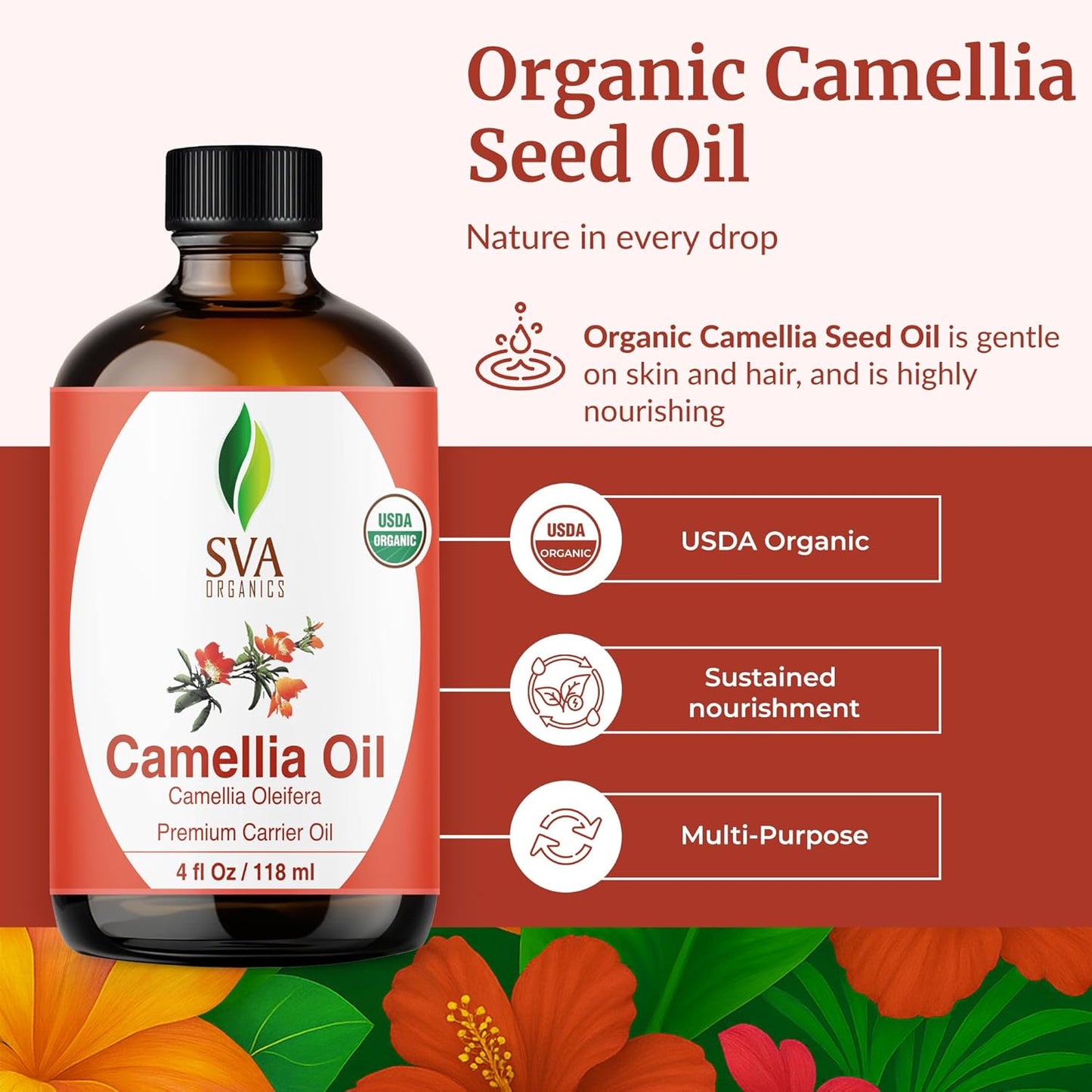 SVA Camellia Seed Oil Organic - 4 Fl Oz – 100% Natural Cold Pressed Organic Camellia Oil - for Face, Skin Care, Hair Care, Scalp Massage & Body Massage – Carrier Oil with Dropper