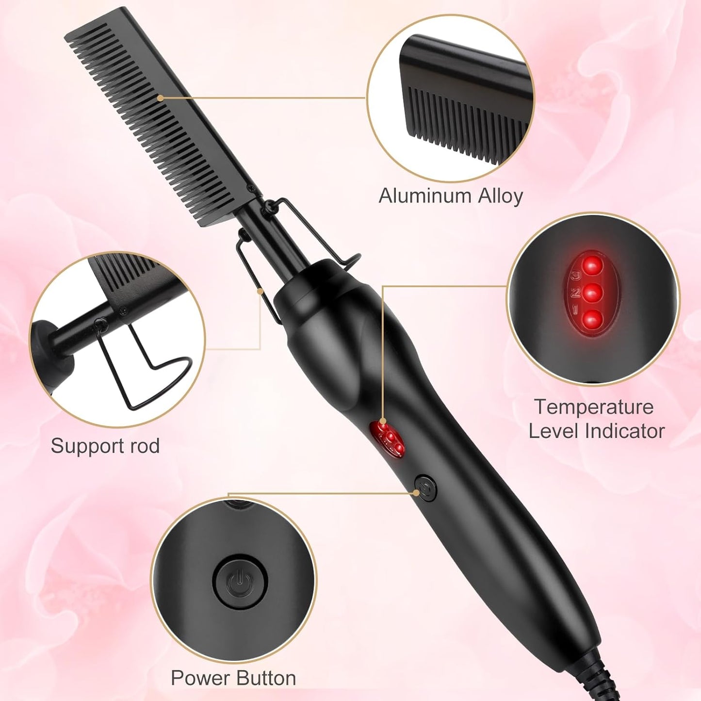 Electric Hot Comb Hair Straightener Heat Pressing Comb Curling Flat Iron Curler Hair Straightener Brush for Natural Black,Anti-Scald Beard Straightening Electric Press Comb (Black-3-Gear)
