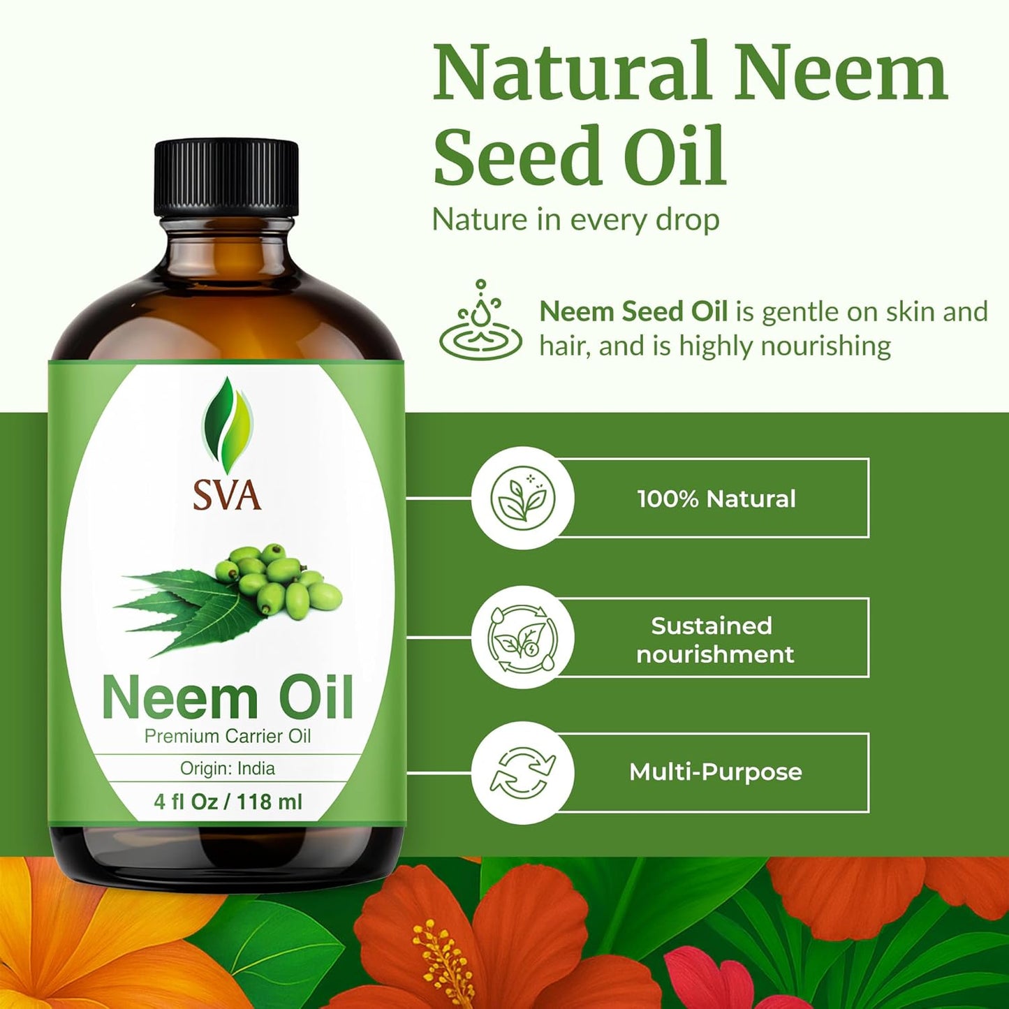 SVA Neem Seed Oil - 4 Fl Oz – 100% Natural Cold Pressed Neem Oil - for Face, Skin Care, Hair Care, Scalp Massage & Body Massage – Carrier Oil with Dropper