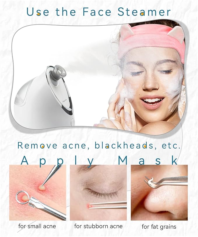 Kingsmile Facial Steamer, 3 in 1 Face Steamer for Facial,Compact NanoSteamer with Aromatherapy,Face Humidifier - Adjustable Nozzle, Warm Mist Steamer for Home SPA, Stainless Steel Skin Kit & Headband