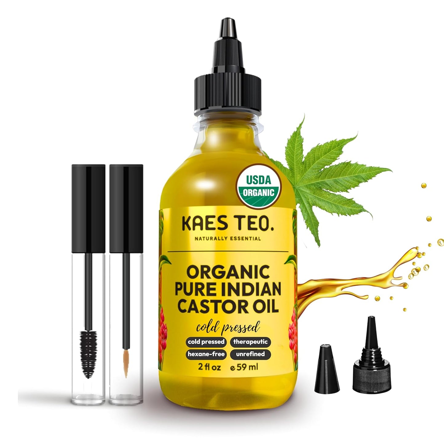 Organic Castor Oil 100% Pure Cold Pressed 2 Fl Oz Extra Virgin Unrefined Hexane Free - USDA Certified Organic, Golden Castor oil for Face, Skin, Hair, Eyebrows - Boost Hair Growth