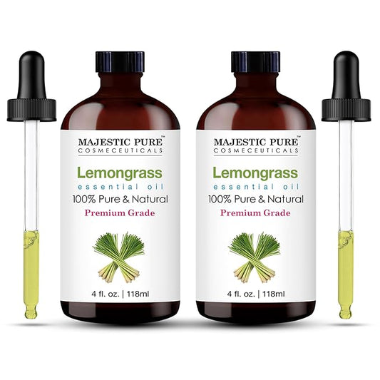 MAJESTIC PURE Lemongrass Essential Oil | 100% Pure and Natural Oil | Premium Grade Essential Oils for Hair Care, Home Diffusers, Skin, Aromatherapy, Massage and Humidifiers | 4 Fl Oz (Pack of 2)