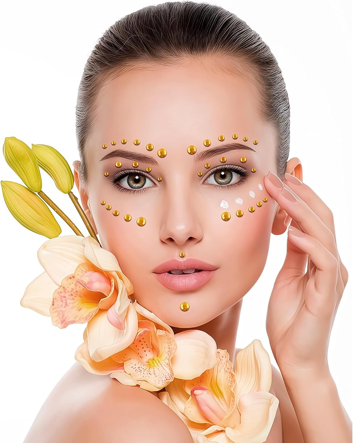 591pcs Face Gems Hair Gems Pearls, Self-Adhesive Face Jewels Eye Rhinestones 3/4/5/6/8 mm Face Gem Stick on, Halloween Makeup Gems Rave Accessories for Face Eyes Body Makeup (12.Gold)