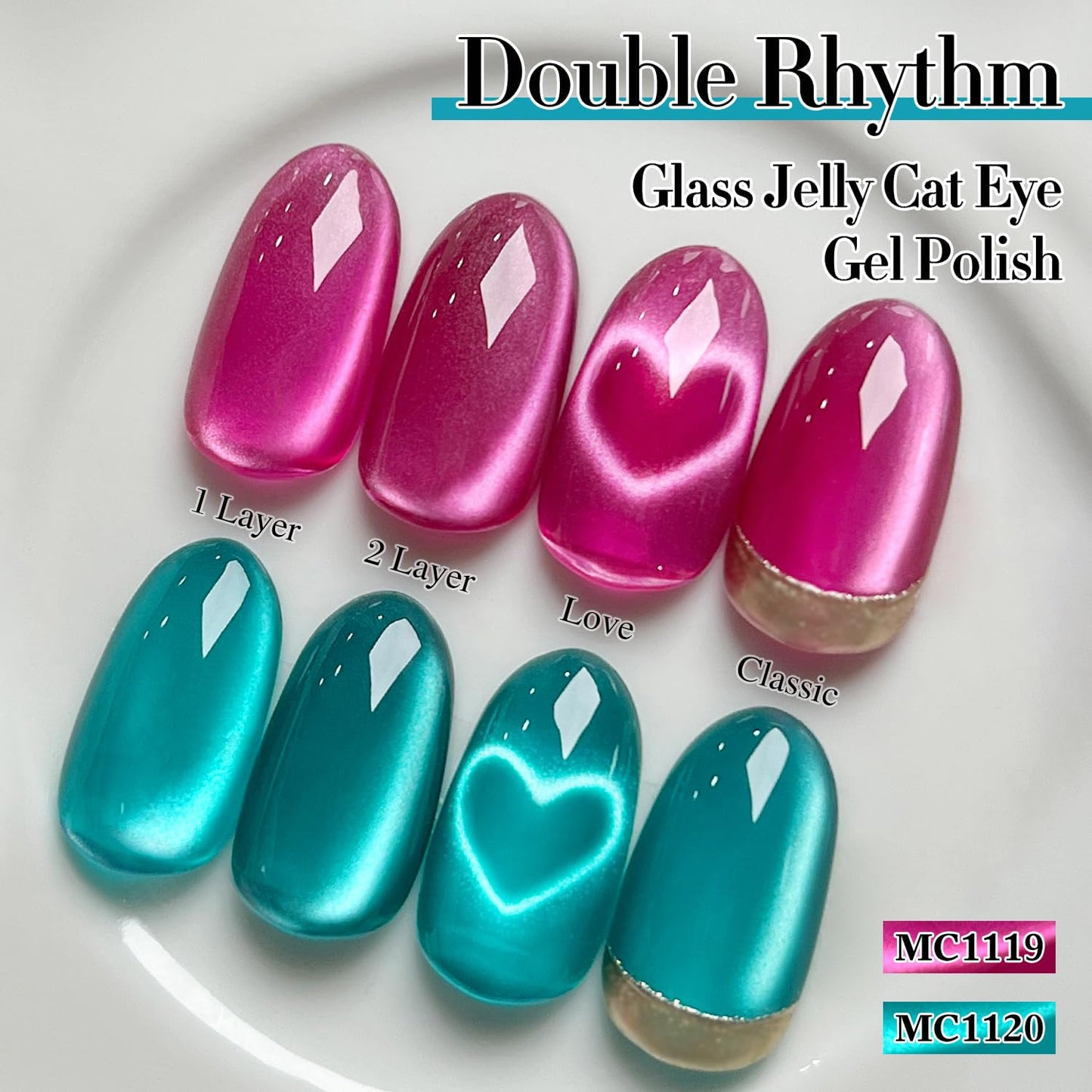 Double Rhythm Jelly Glass Cat Eye Gel Polish with Magnet 15ML Holographic Glitter Shimmer Translucent Sheer Color Magnetic Polish Salon DIY at Home (Jelly Teal-MC1120)