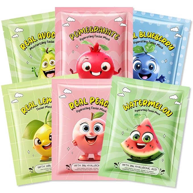 Kaely 6 Pack Fruit Face Masks for Kids, Kids Face Mask Spa Day kit Supplies, Spa Party Favors for Teens Girls Women, Sheet Facial Mask Skincare Gifts Set, Moisturize Soothe for All Skin Types, 03