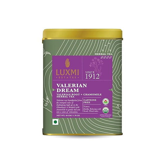 Luxmi Estates - Valerian Dream - Organic Valerian Root Tea for Sleep - Loose Leaf - 50g (25 Cups) | with Valerian Root, Chamomile & Lavender | Perfect Wellness Sleep Tea