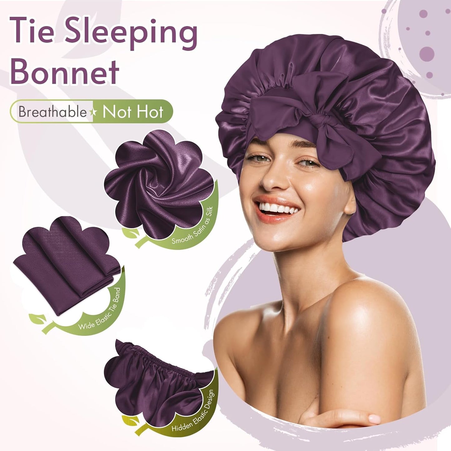 BONNET QUEEN Silk Bonnet for Sleeping Women Satin Bonnet Night Sleep Cap Wrap for Curly Hair with Adjustable Tie Band, Single Layer, Prune