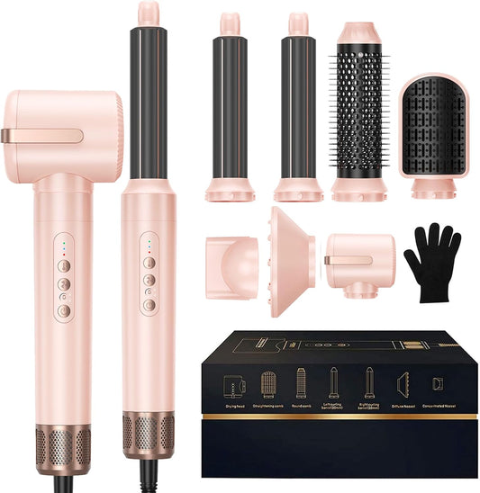 7 in ONE Hair Dryer Brush, Powerful Blow Dryer Brush with Air Curler for Hair, Brush Blow Dryer with Diffuser, Ionic Hot Air Brush Fast Dry, Volumize, Curls, Straight, Hair Styling Tools 100-120V