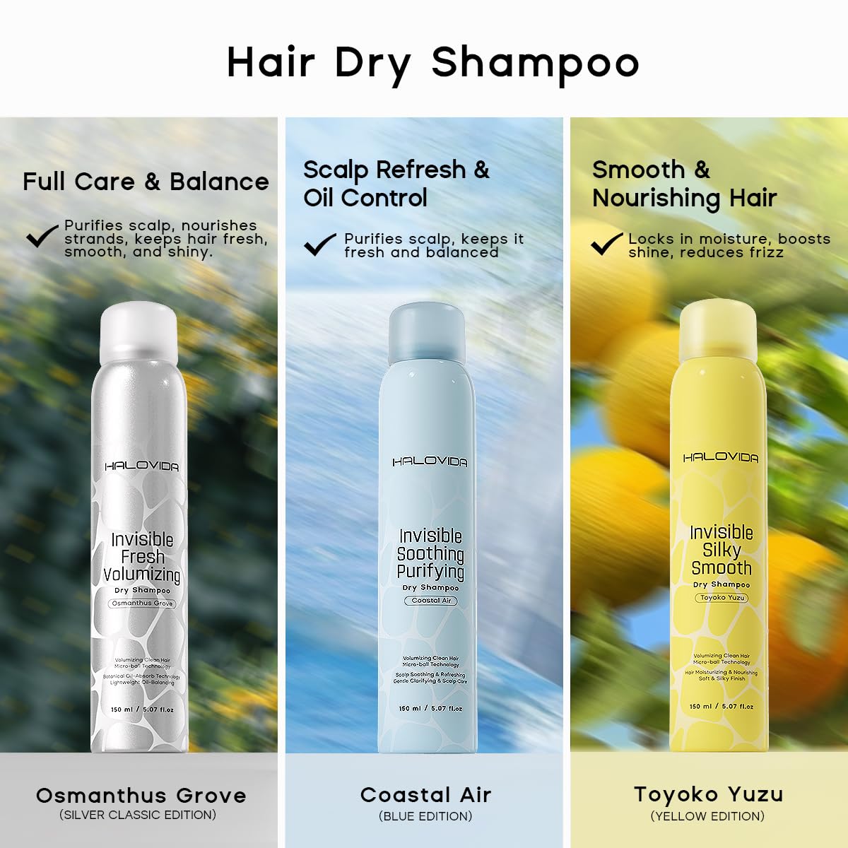 HALOVIDA Dry Shampoo Pack of 3, Dry Scalp Shampoo Spray for Dark Hair Leaves No White Residue, Absorb Oils, Volumizing & Refresh Hair for 72 Hours, 5.07 Fl Oz (Osmanthus Grove+Toyoko Yuzu+Coastal Air)