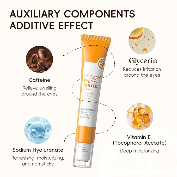 Easilydays Vitamin C Eye Cream & Under Eye Serum, Refreshing, Hydrating, Radiant Glow Eye Care Eye Roller Serum with 360° Massage Ball, Tightening Under Eye Serum for Women Reduce Wrinkles Fine Lines